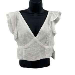 Japna Eyelet Crop Top Womens L White Deep V-Neck Flutter Sleeve Tie Back Cotton